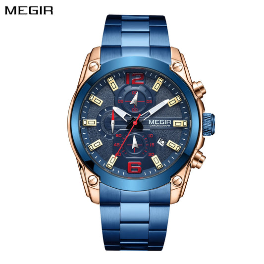 Relojes deportivos MEGIR de lujo para hombre, reloj cronógrafo de cuarzo, reloj de pulsera de acero inoxidable, reloj luminoso resistente al agua con fecha, reloj para hombre