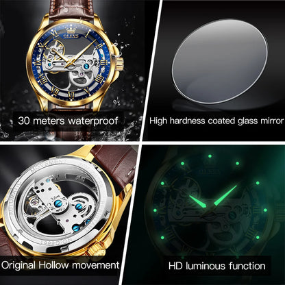 OLEVS Luxury Men‘s Watches Fully Holow Out Design Waterproof Leather Strap Automatic Mechanical Wristwatch for Men Reloj Hombre