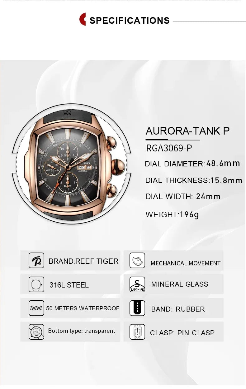 Reloj Automático Reef Tiger para hombre, reloj de pulsera mecánico deportivo de 48,6mm, caja Tonneau luminosa con esfera múltiple de zafiro, fecha del mes