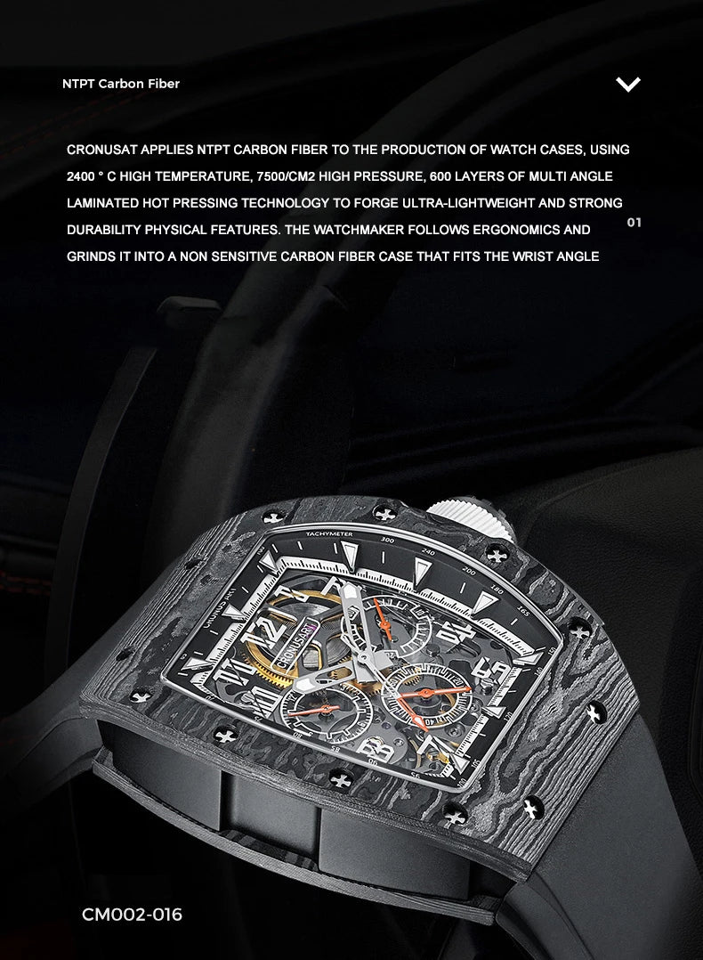 CRONUSART Men Automatic Watch 50mm Chronograph Tonneau Mechanical Wristwatch Carbon Fibre Case Luminous Fluororubber Strap Sport