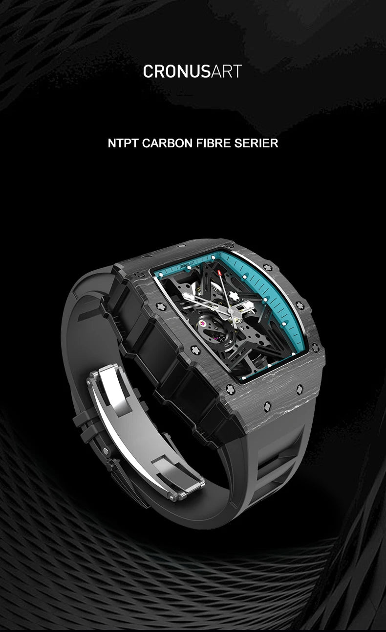 CRONUSART Men Automatic Watch Luxury Tonneau Mechanical Wristwatch Carbon Fibre Case Luminous Fluororubber Strap Skeleton Dial