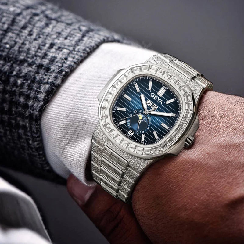 GEYA, relojes mecánicos automáticos de lujo para hombre, relojes luminosos analógicos de moda de acero inoxidable con diamantes de imitación completos para hombre 78099