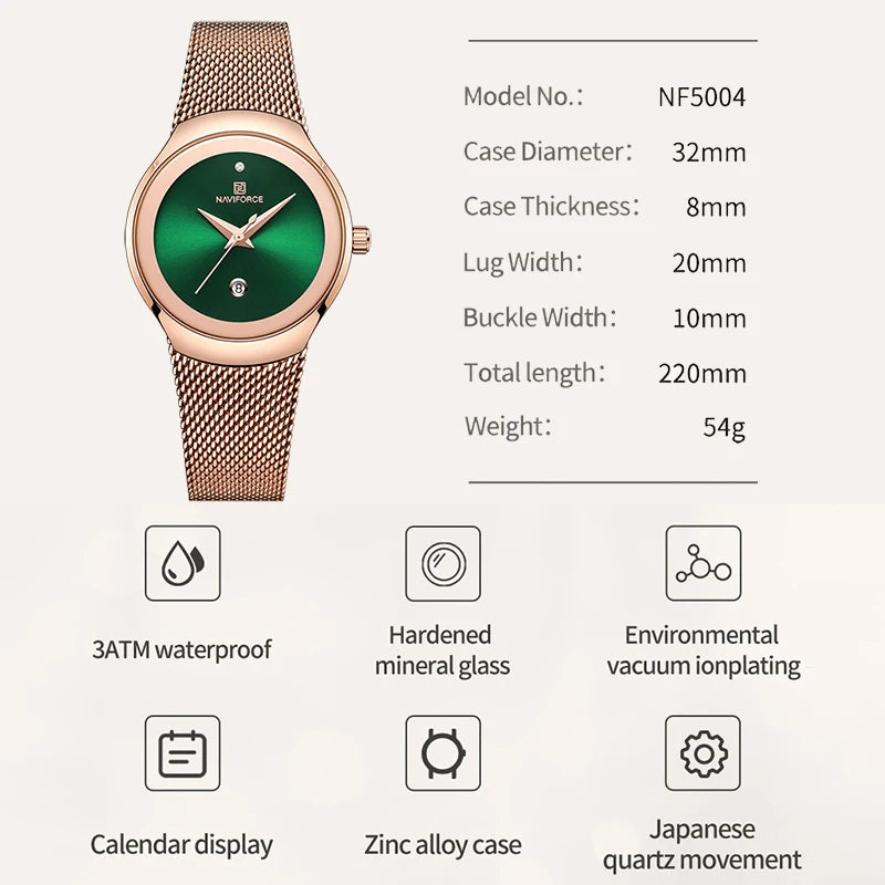 NAVIFORCE 高級ブランド レディース オリジナル腕時計 高品質ステンレススチールストラップ 防水腕時計 時計 レロジオ フェミニン