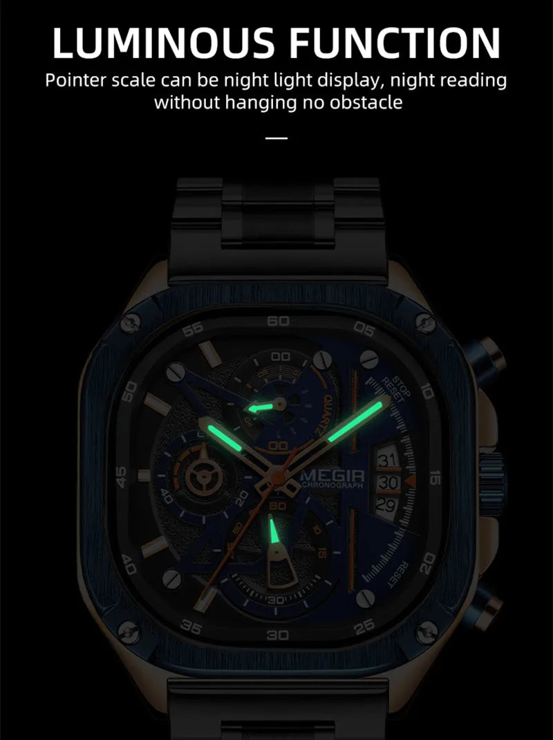 Reloj de cuarzo MEGIR de acero inoxidable, reloj de pulsera de negocios a la moda, relojes luminosos resistentes al agua con fecha para hombres, reloj informal con cronógrafo