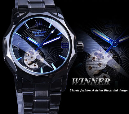 Fashion Winner Top Brand Men's Casual Hollow Mechanical Movement Automatic Mechanical Full Black Stainless Steel Wrist Watches