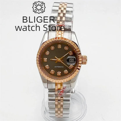 BLIGER nuevo reloj mecánico clásico de oro rosa plateado de 26mm para mujer movimiento NH05 esfera gris reloj elegante de cristal de zafiro para mujer