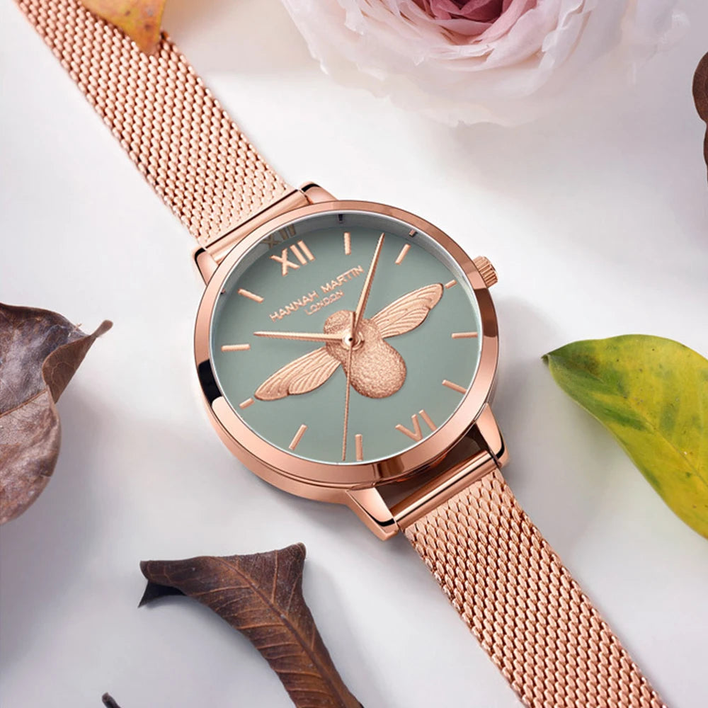 HANNAH MARTIN relojes para Mujer 3D Little Bee Dial movimiento de cuarzo japonés correa de malla de moda Reloj de Mujer pulsera Reloj de Mujer