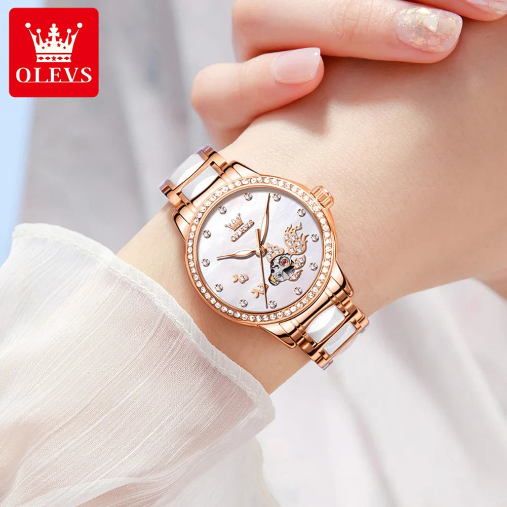 OLEVS Reloj mecánico automático para mujer Correa de cerámica Esqueleto Esfera de diamante Reloj de pulsera Original resistente al agua de oro rosa para mujer