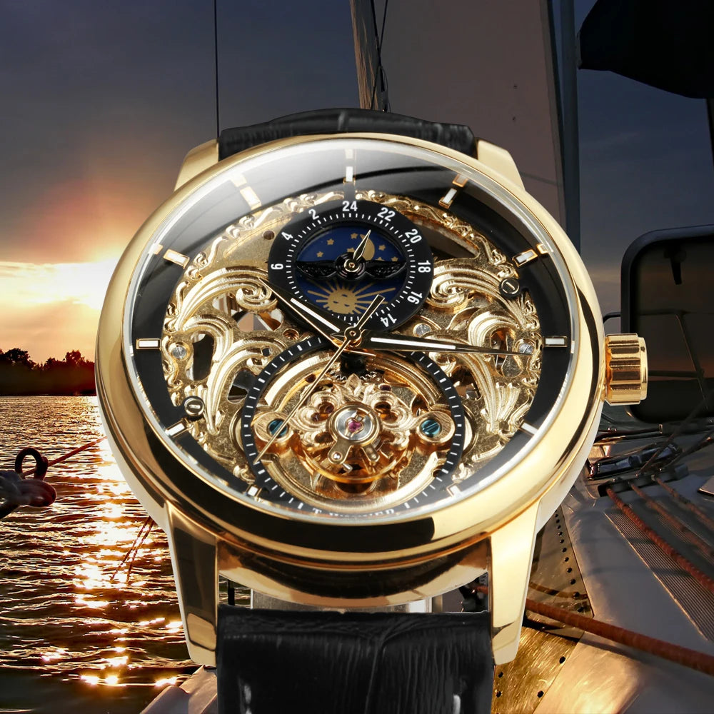 WINNER Retro Moon Phase Watch for Men Luxury Tourbillon Skeleton Automatic Mechanical Watches Casual Genuine Leather Strap Clock