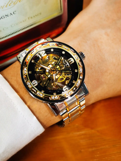 Forsining Vintage Luxury Mechanical Watches Classic Iced Out Gold Skeleton Watch for Men Luminous Hands Stainless Steel Strap