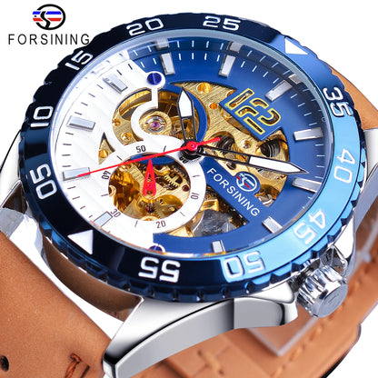 Moda Forsining marca única hombres reloj automático creativo medio azul blanco esfera hueca cuero genuino reloj mecánico Relojes