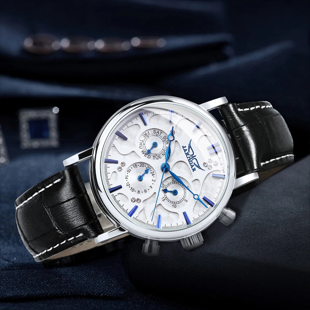 Fashion Jaragar Top Brand Pilot Mens Mechanical Date Display Blue Pointers Automatic Watch Men Luxury Leather Strap Wristwatches