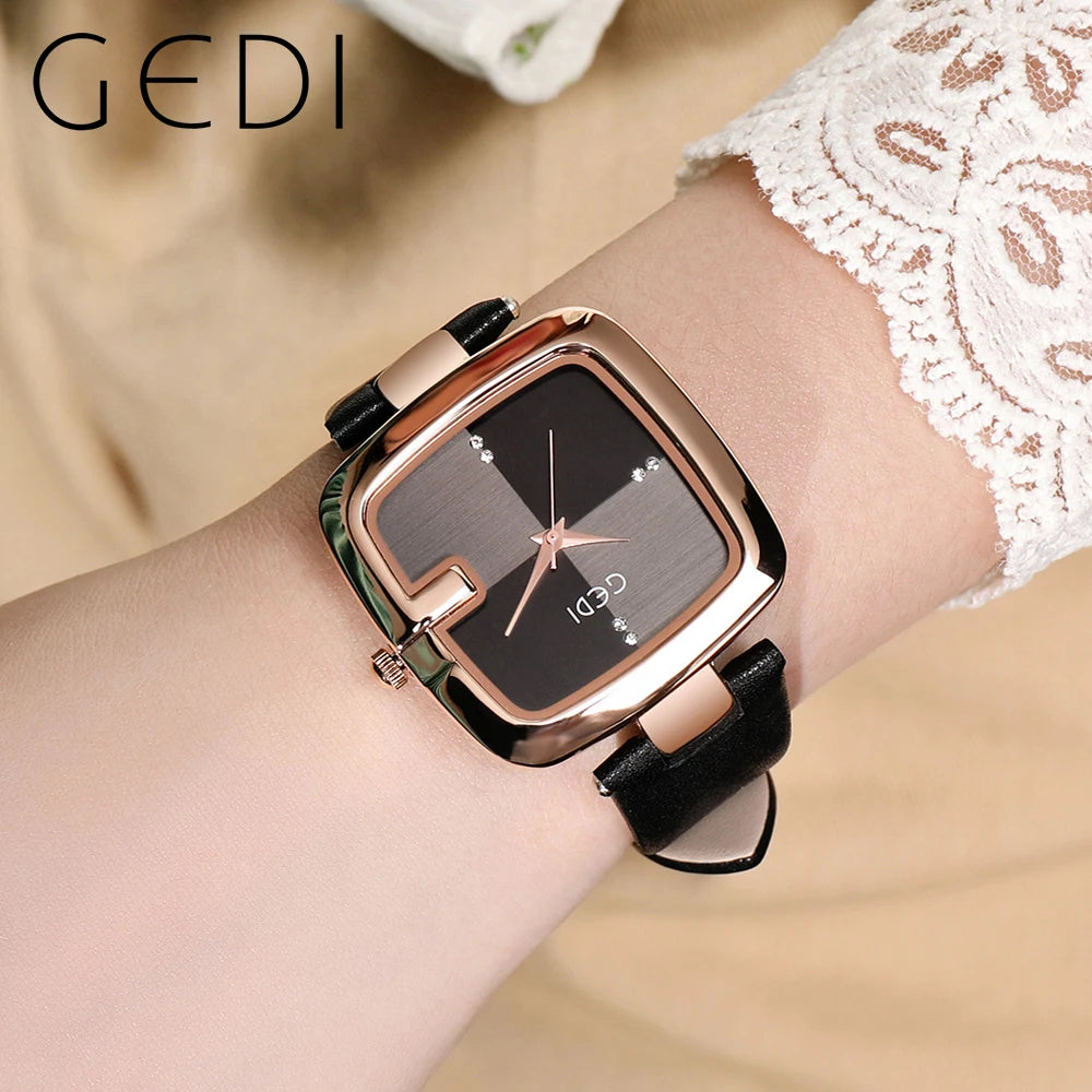 Fashin Gedi Top Brand Women Square Clock Minimalist Waterproof Quartz Ladies Brown Leather Casual Simple Female Wrist Watches