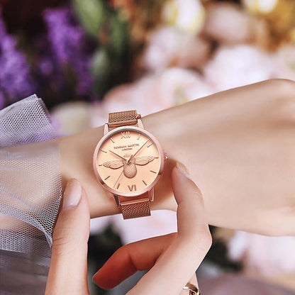 HANNAH MARTIN relojes para Mujer 3D Little Bee Dial movimiento de cuarzo japonés correa de malla de moda Reloj de Mujer pulsera Reloj de Mujer