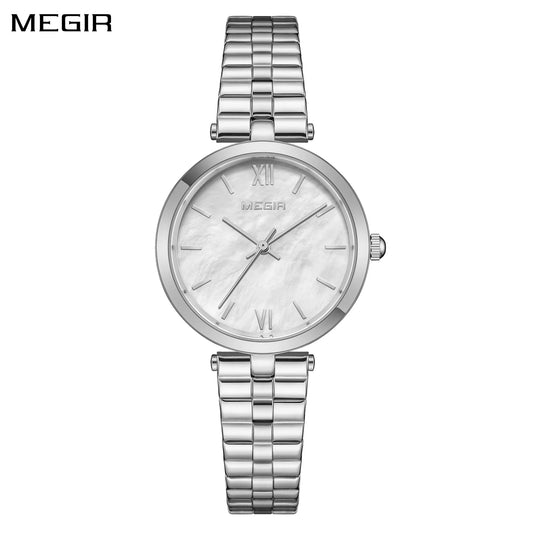 Relojes de pulsera MEGIR de lujo de plata para mujer, reloj de pulsera de cuarzo informal de acero inoxidable a la moda para mujer, reloj de regalo para mujer