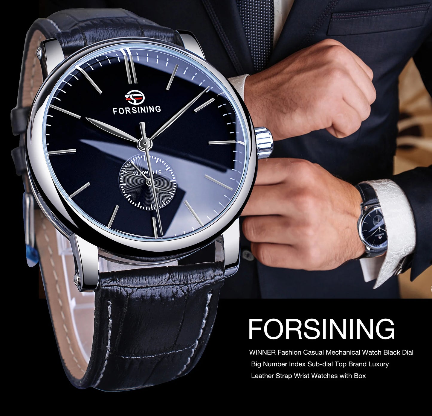 Forsining Top Brand Minimalist Men's Mechanical Black Slim Dial Automatic Casual Genuine Leather Clock Male Watch Relogio Saati