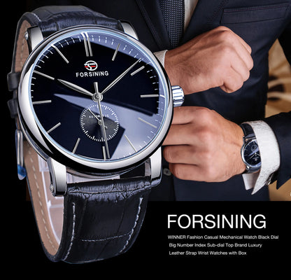 Forsining Top Brand Minimalist Men's Mechanical Black Slim Dial Automatic Casual Genuine Leather Clock Male Watch Relogio Saati