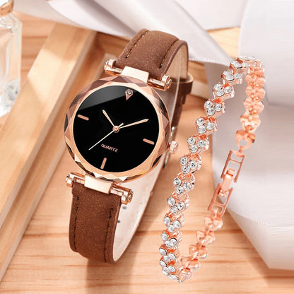 Conjunto de reloj de lujo para mujer, 2 uds., correa de cuero PU, reloj de pulsera de cuarzo para mujer, pulsera de aleación de oro rosa con diamantes de imitación para regalo de mujer