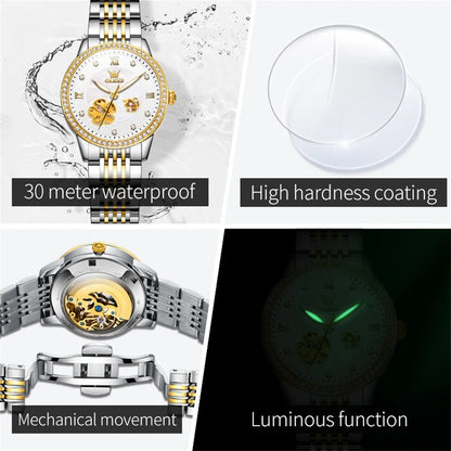 OLEVS 6706 New Diamond Luxury Automatic Wrist Watch Hollow Original Mechanical Watch For Women Roman Scale Waterproof Hand Clock