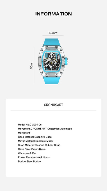 CRONUSART Men Automatic Watch 50mm Tonneau Sapphire Case Mechanical Wristwatch Luminous Liquid Silicone Strap Skeleton Dial