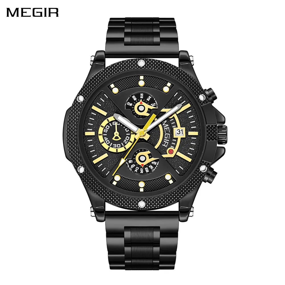 Reloj de cuarzo de marca de lujo MEGIR, relojes de pulsera militares deportivos para hombres, manecillas luminosas, reloj de acero inoxidable resistente al agua, cronógrafo