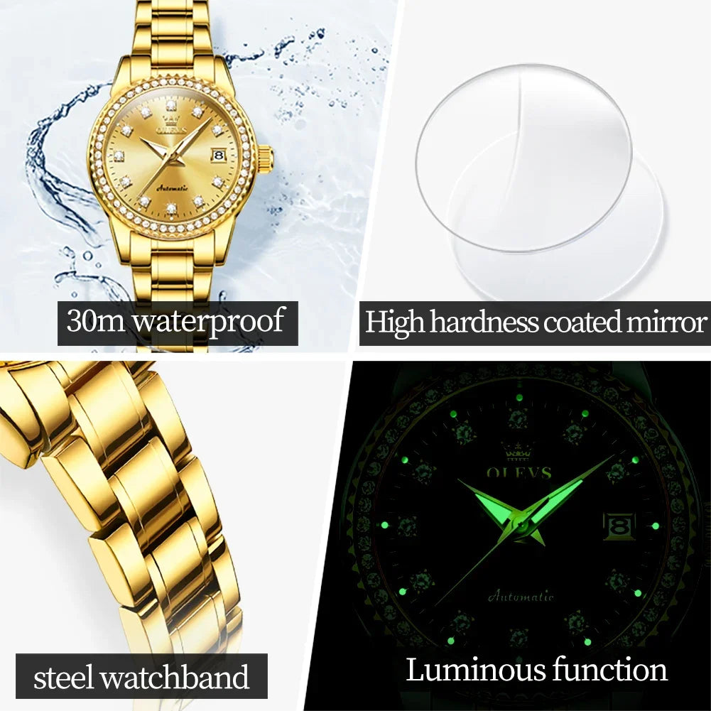 OLEVS Automatic Mechanical Watch for Women Diamond Calendar Dial Stainless Steel Waterproof Luminous Elegant Women's Wristwatch