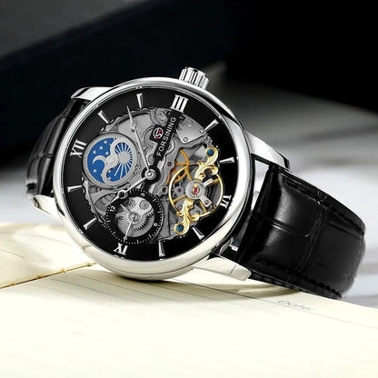 Forsining Luxury Skeleton Mechanical Watches for Men Dual Time Zone Tourbillion Automatic Watch Genuine Leather Strap Moon Phase