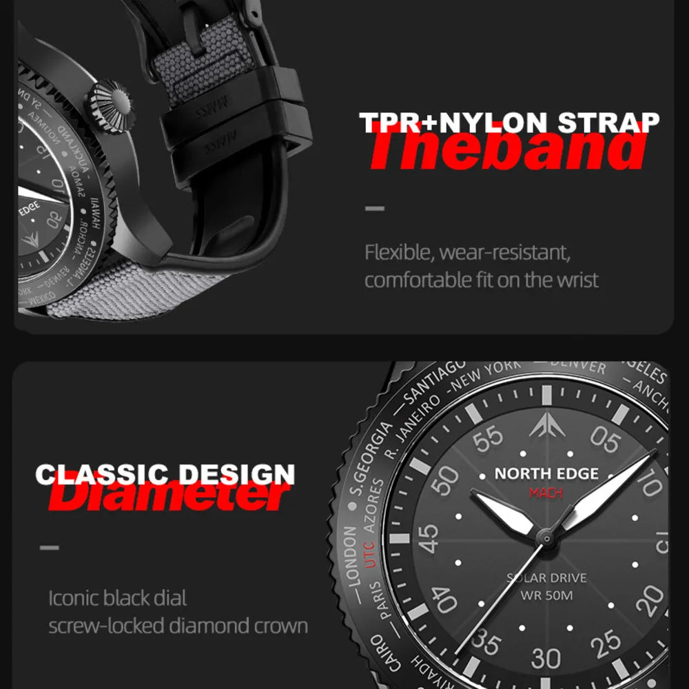 NORTH EDGE-relojes para Hombre MACH Solar Power 2024, nuevo diseño luminoso, resistente al agua, correa de nailon TPR, Reloj piloto para Hombre