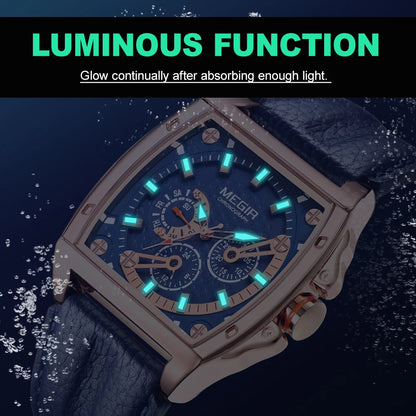 Relojes MEGIR de marca de lujo, cronógrafo para Hombre, banda de cuero, Esfera Grande, Reloj de pulsera deportivo de cuarzo, Reloj con visualización semanal de 24 horas para Hombre