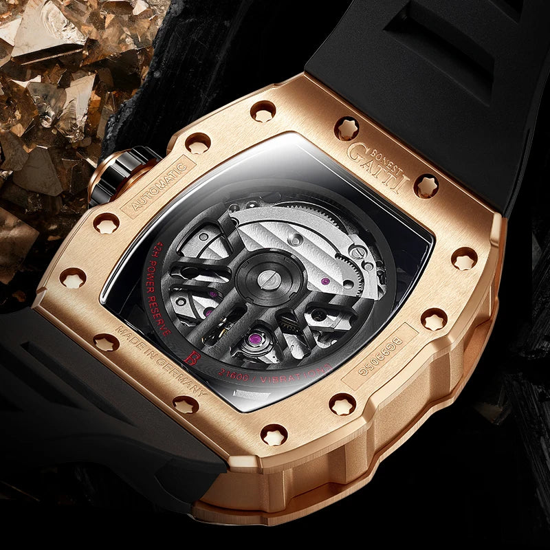 BONEST GATTI Men Automatic Watch Luxury Tonneau Mechanical Wristwatch Skeleton Waterproof Sapphire Luminous Punk Rubber Strap