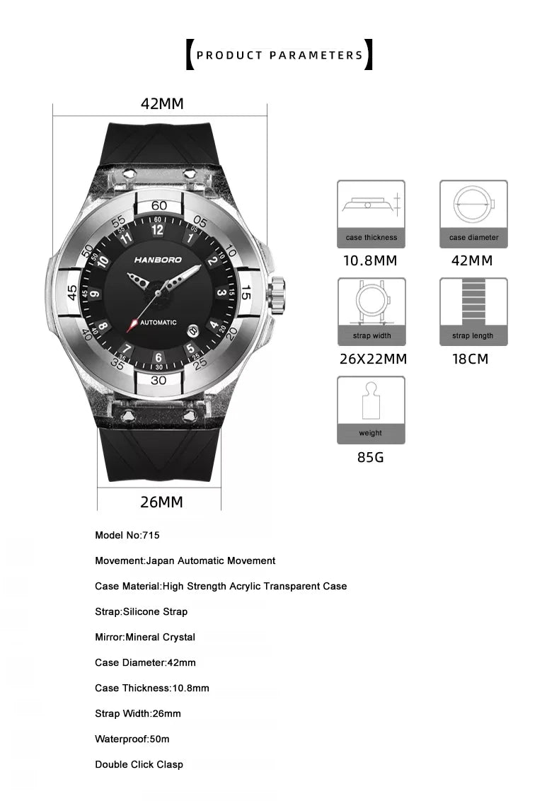 HANBORO メンズ 自動巻き腕時計 42mm 機械式腕時計 アクリルケース 防水 夜光