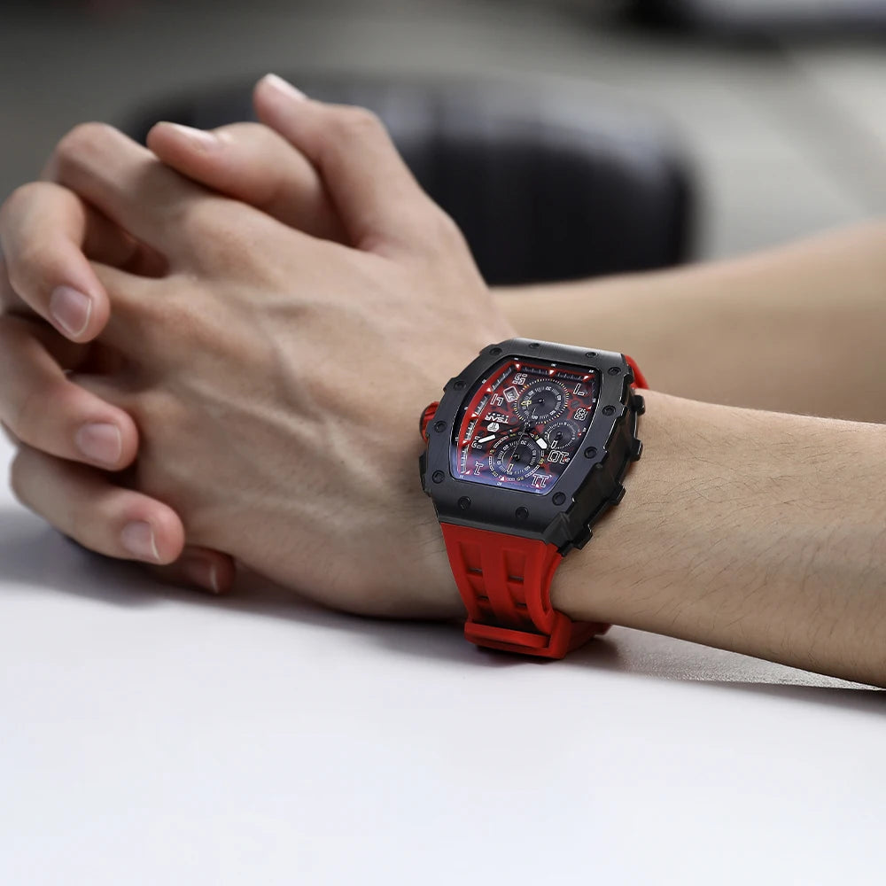 Relojes TSAR BOMBA Tonneau para hombre, reloj de pulsera rojo con cristal de zafiro, cronógrafo resistente al agua, reloj con fecha, regalo de Navidad de lujo para hombres