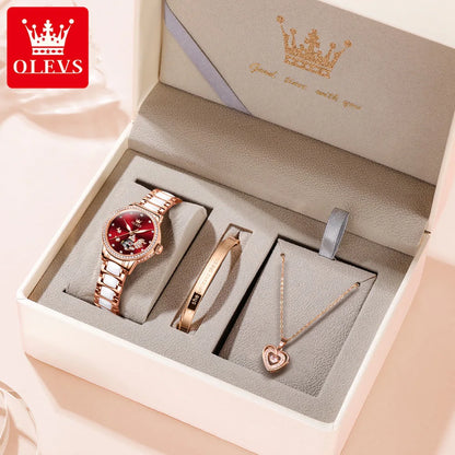 OLEVS Automatic Mechanical Watch for Women Ceramic Strap Skeleton Diamond Dial Waterproof Original Rose Gold Women's Wristwatch