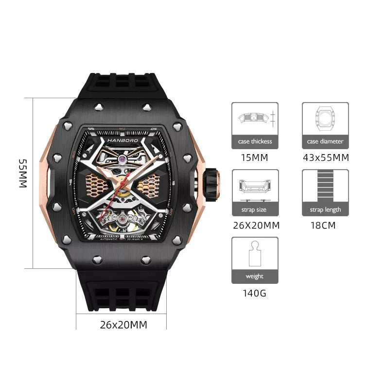 HANBORO Men Automatic Watch 43mm Luxury Fashion Mechanical Wristwatch Luminous Skeleton Tonneau Case Waterproof Rubber Strap