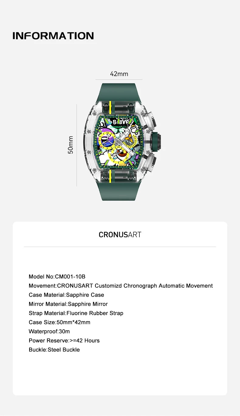 CRONUSART Men Automatic Chronograph Watch 50mm*42mm Tonneau Sapphire Case Mechanical Wristwatch Luminous Fluororubber Strap