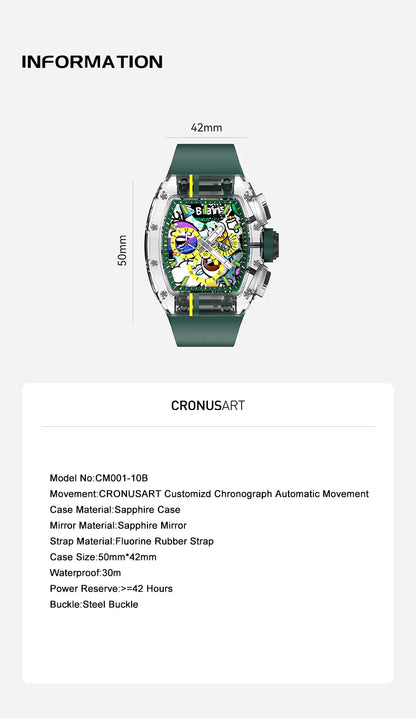 CRONUSART Men Automatic Chronograph Watch 50mm*42mm Tonneau Sapphire Case Mechanical Wristwatch Luminous Fluororubber Strap