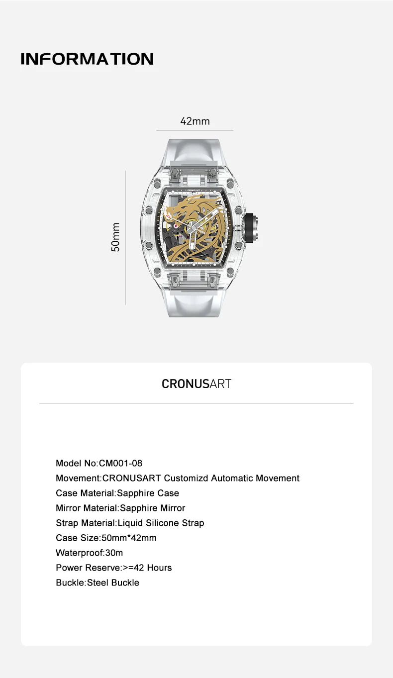 CRONUSART Men Automatic Watch 50mm Tonneau Sapphire Case Mechanical Wristwatch Luminous Liquid Silicone Strap Gold Dragon Dial