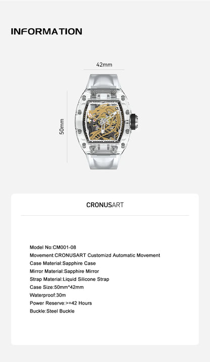 CRONUSART Men Automatic Watch 50mm Tonneau Sapphire Case Mechanical Wristwatch Luminous Liquid Silicone Strap Gold Dragon Dial