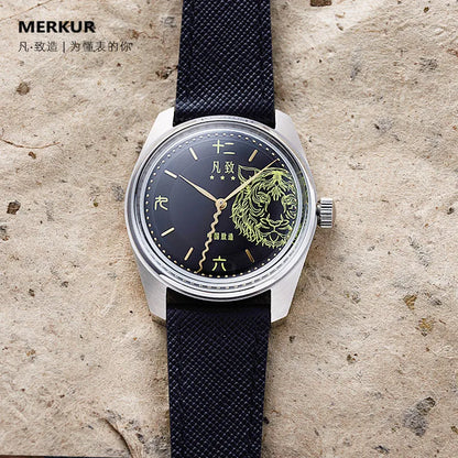 Relojes Merkur para hombre, reloj piloto de 40mm, reloj de pulsera mecánico de viento Manual, militar, resistente al agua hasta 50M, M01D, esfera de tigre, espejo acrílico