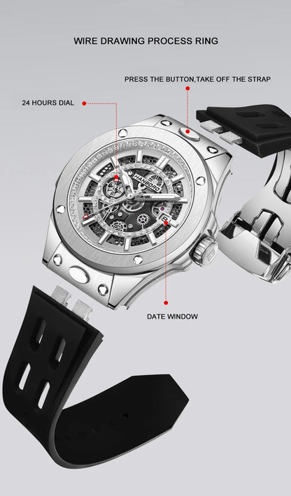 HANBORO Men Automatic Watch 42mm Luxury Mechanical Wristwatch Waterproof Luminous Skeleton Miyota 8217 Rubber Strap Crystal