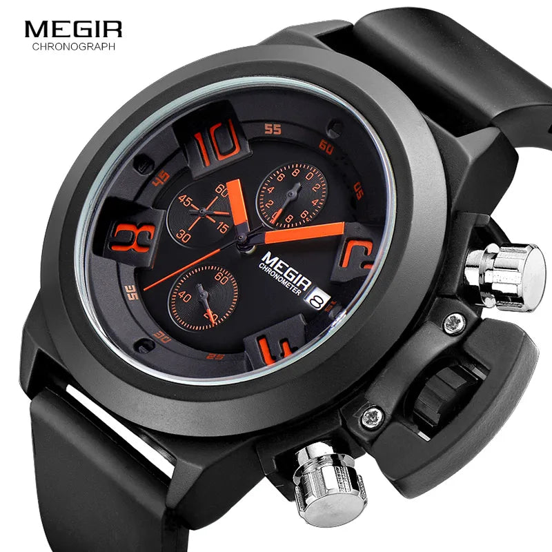 Moda Megir para hombre banda de silicona deporte relojes de pulsera de cuarzo pantalla analógica cronógrafo reloj negro para hombre con calendario 2002