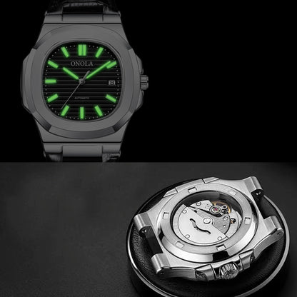 Relojes mecánicos completamente automáticos para hombres y mujeres con diamantes de colores a la moda, reloj de pulsera de cuero resistente al agua ONOLA, reloj para hombres