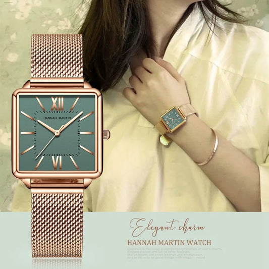 HANNAH MARTIN Relojes para Mujer Nueva Moda Casual Japón Movimiento de Cuarzo Esfera Verde Tendencia Correa de Acero Reloj de Mujer Reloj de Mujer