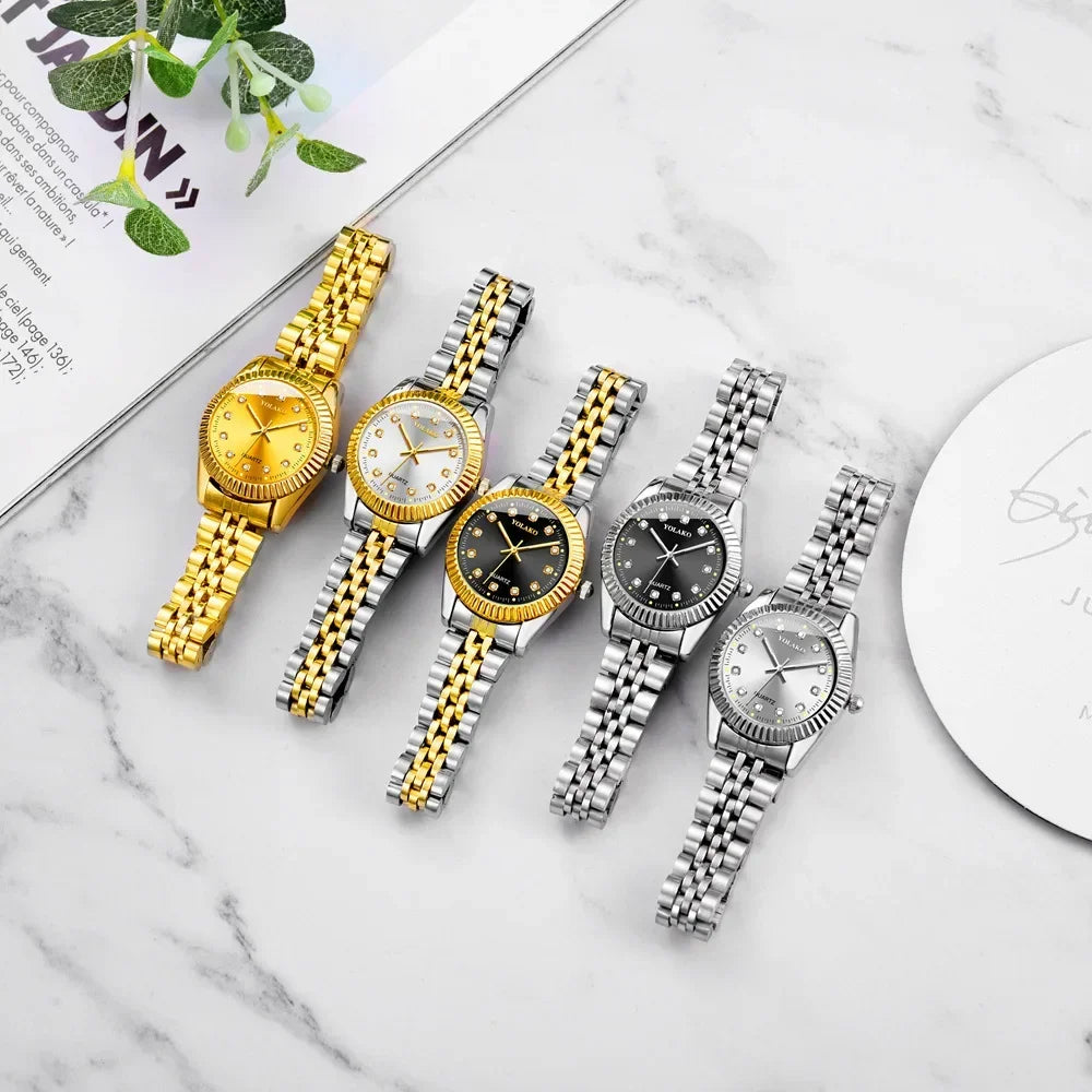 Relojes de cuarzo con calendario de acero inoxidable para mujer y hombre, reloj de pulsera dorado a la moda para tiempo libre, reloj