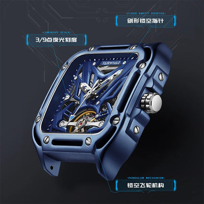 Mark Fairwhale Men Automatic Watch 42mm Square Luxury Watches 21 Jewels Mechanical Wristwatch Waterproof Luminous Skeleton Dial