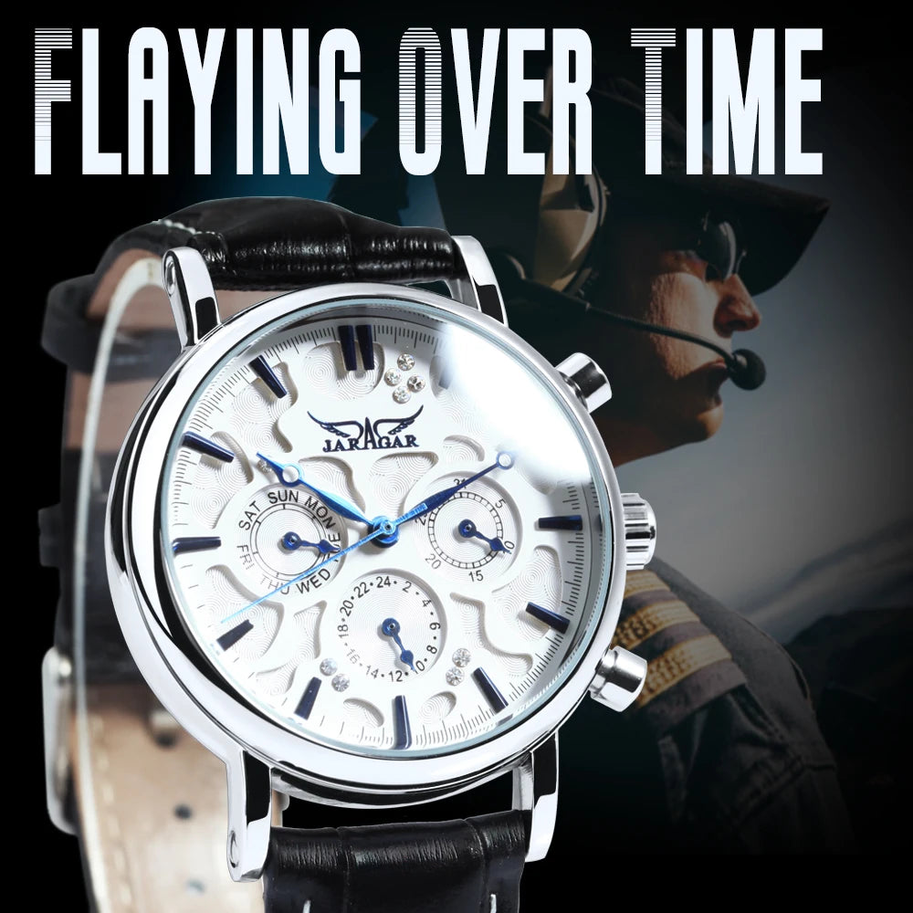 Fashion Jaragar Top Brand Pilot Mens Mechanical Date Display Blue Pointers Automatic Watch Men Luxury Leather Strap Wristwatches