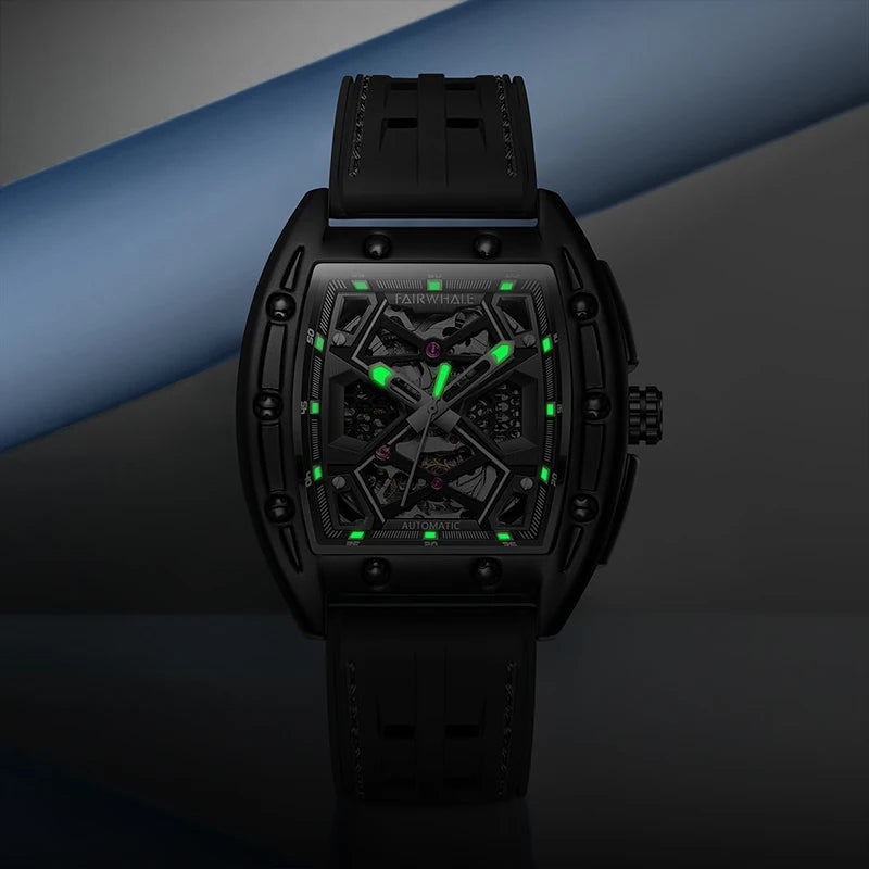 Mark Fairwhale Men Automatic Watch 42mm Fashion Tonneau Case Mechanical Wristwatch Skeleton Waterproof Luminous Black Case