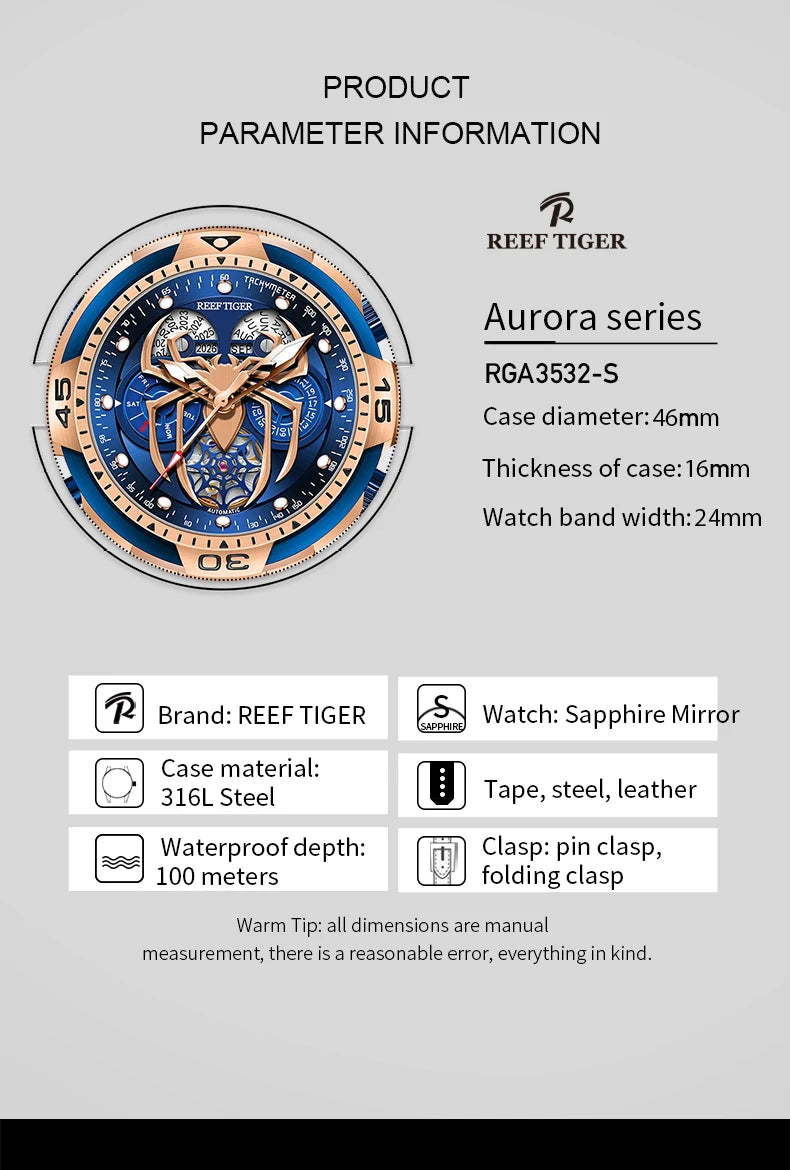 Reef Tiger-relojes automáticos para hombre, reloj militar, reloj de pulsera mecánico, calendario perpetuo luminoso, correa de acero, zafiro RGA3532