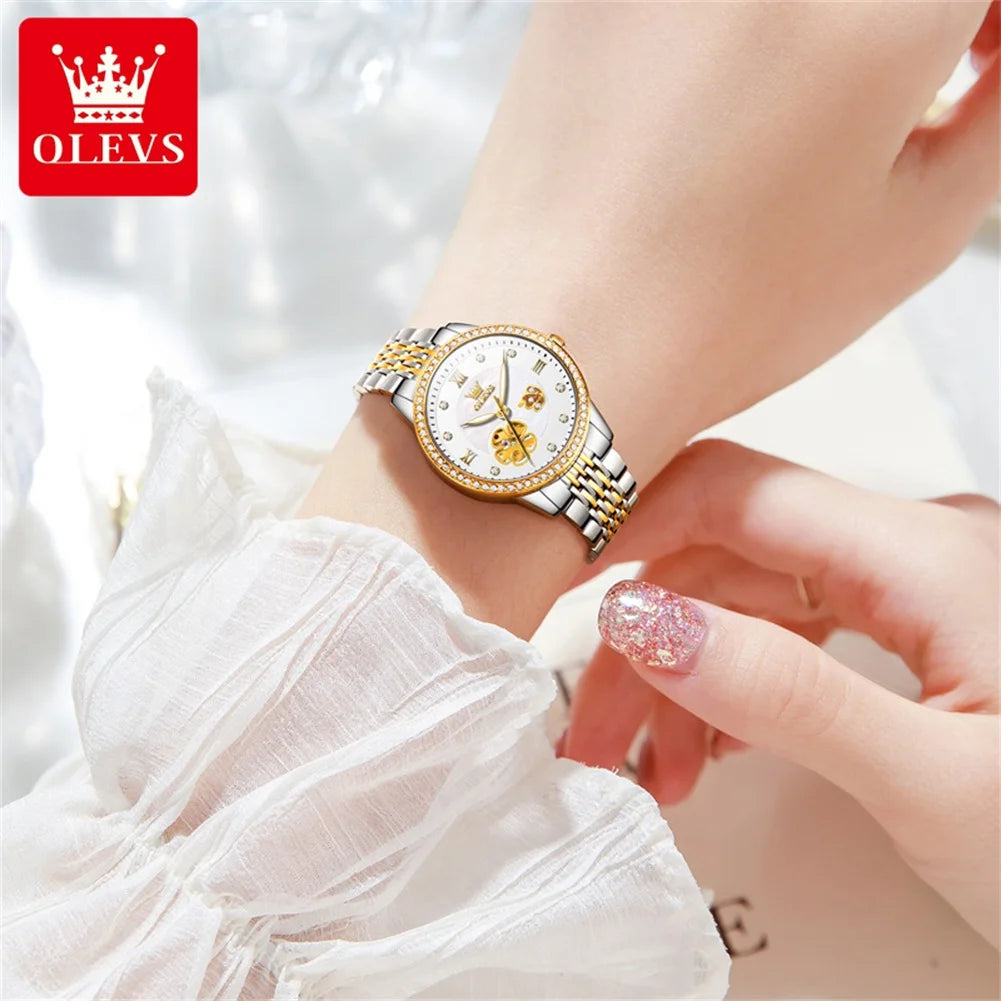 OLEVS 6706 New Diamond Luxury Automatic Wrist Watch Hollow Original Mechanical Watch For Women Roman Scale Waterproof Hand Clock