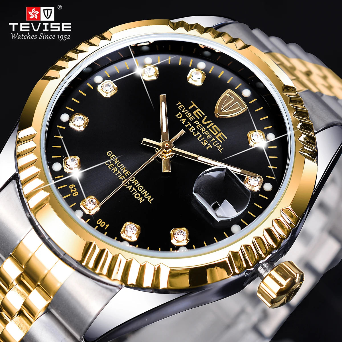 TEVISE Luxury Brand Diamond Gold Black Fashion Watch Stainless Steel Automatic Mechanical Clock Calendar Unique Gift For Men